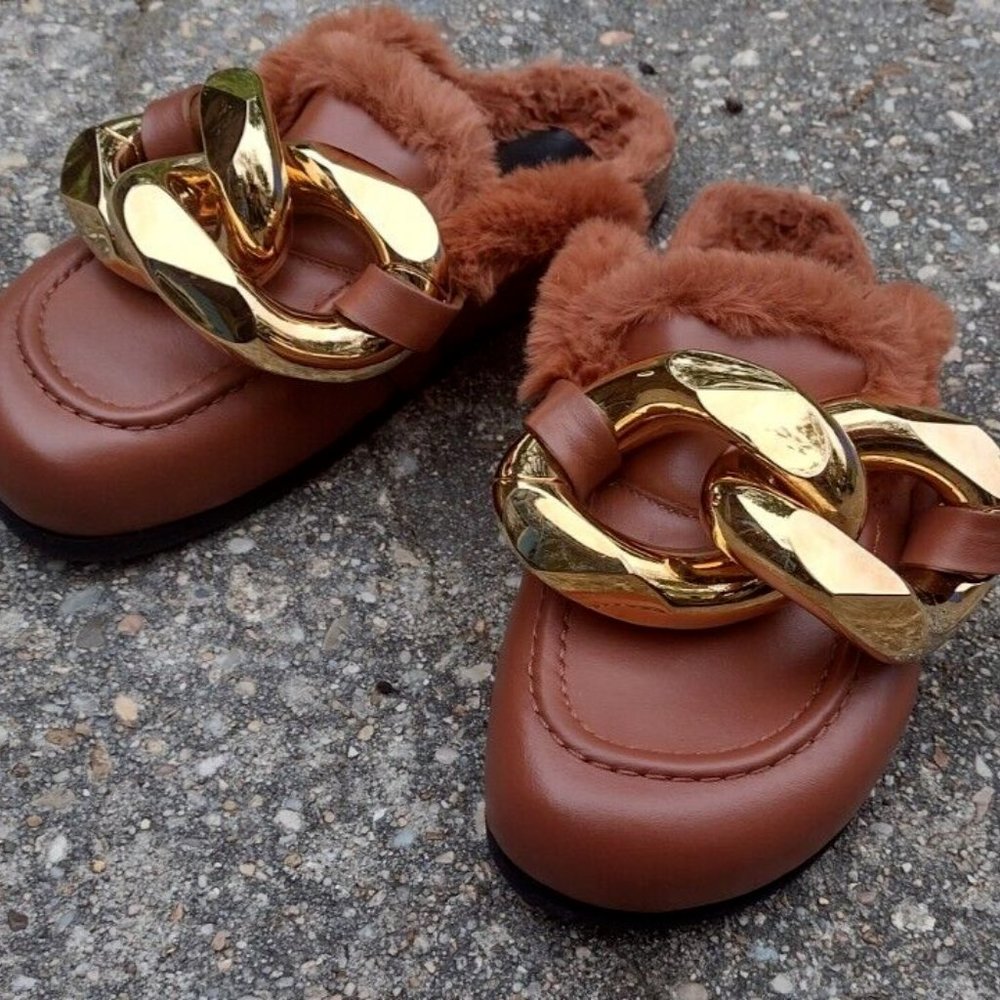 JW Anderson Leather Loafer Shearling Lined Gold Chain Brown Italy NWOT - Picture 11 of 12